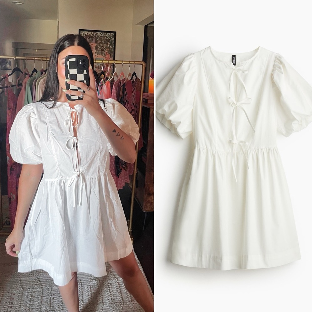 NEW H&M White Bow Tie Front Puff Sleeve Babydoll Dress
